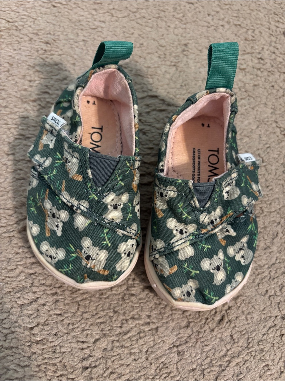 Toms Green Koala Print Hook-and-Loop Baby Slip-Ons